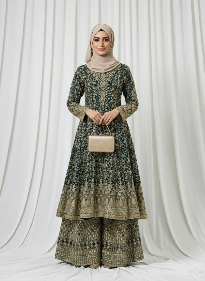 Dark Olive Green Georgette Palazzo Suit with Kashmiri Zari Embroidery 3750 B - Patel Brothers NX 4
