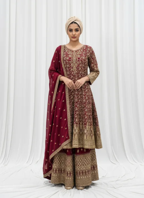 Luxury Maroon Georgette Palazzo Suit with Kashmiri Zari Embroidery 3750 C - Patel Brothers NX