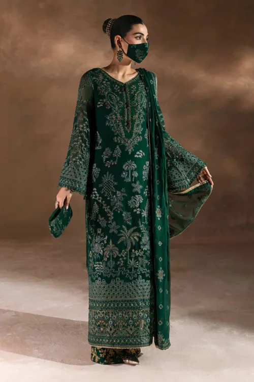 Dark Leaf Green Luxury Chiffon Embroidered Suit (Hand Embellished) | Laconic LA-901 - Patel Brothers NX 22