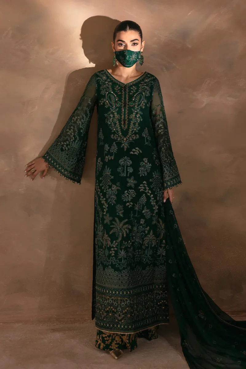 Dark Leaf Green Luxury Chiffon Embroidered Suit (Hand Embellished) | Laconic LA-901 - Patel Brothers NX 7