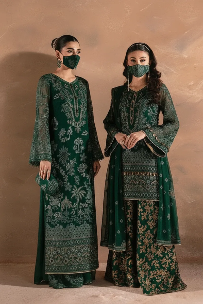 Dark Leaf Green Luxury Chiffon Embroidered Suit (Hand Embellished) | Laconic LA-901 - Patel Brothers NX 3