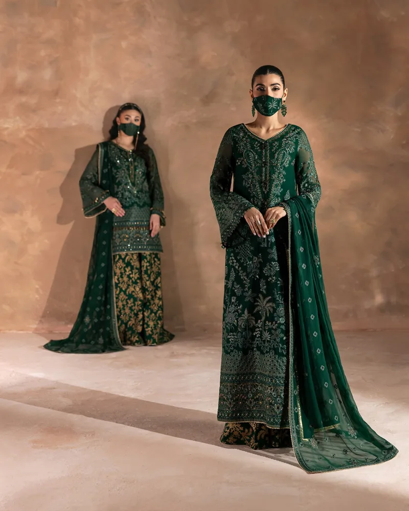 Dark Leaf Green Luxury Chiffon Embroidered Suit (Hand Embellished) | Laconic LA-901 - Patel Brothers NX 13