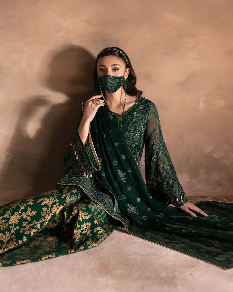 Dark Leaf Green Luxury Chiffon Embroidered Suit (Hand Embellished) | Laconic LA-901 - Patel Brothers NX 14