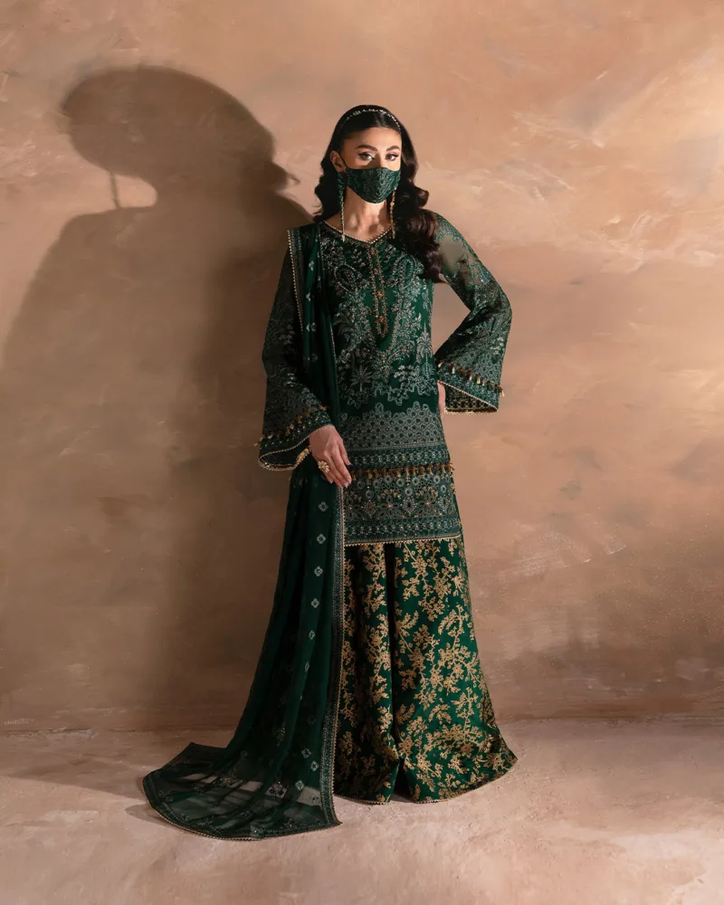 Dark Leaf Green Luxury Chiffon Embroidered Suit (Hand Embellished) | Laconic LA-901 - Patel Brothers NX 12