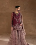 Burgundy Wine & Lilac Wine Embroidered Organza Shararah Suit with Contrast Net Dupatta | LA-906 - Patel Brothers NX 8