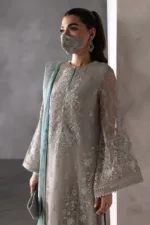 Light Gray Chiffon Suit with Aqua Blue Contrast Dupatta & Hand Embellished Neckline | LA-908 - Patel Brothers NX 12