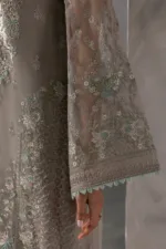 Light Gray Chiffon Suit with Aqua Blue Contrast Dupatta & Hand Embellished Neckline | LA-908 - Patel Brothers NX 10