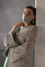 Light Gray Chiffon Suit with Aqua Blue Contrast Dupatta & Hand Embellished Neckline | LA-908 - Patel Brothers NX 13