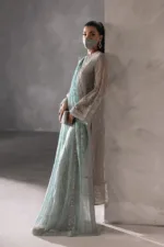 Light Gray Chiffon Suit with Aqua Blue Contrast Dupatta & Hand Embellished Neckline | LA-908 - Patel Brothers NX 14