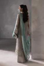 Light Gray Chiffon Suit with Aqua Blue Contrast Dupatta & Hand Embellished Neckline | LA-908 - Patel Brothers NX 11