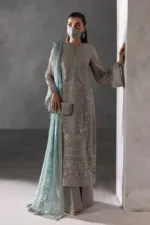 Light Gray Chiffon Suit with Aqua Blue Contrast Dupatta & Hand Embellished Neckline | LA-908 - Patel Brothers NX 9