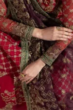 Cherry Red Organza Long Anarkali Frock with Olive Green Contrast Dupatta & Hand Embellished Details | LA-909 - Patel Brothers NX 18