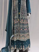 Teal Blue – Pure Chinon Chiffon Kashmiri Embroidered 3 Piece Jacket Palazzo Suit - Patel Brothers NX 10