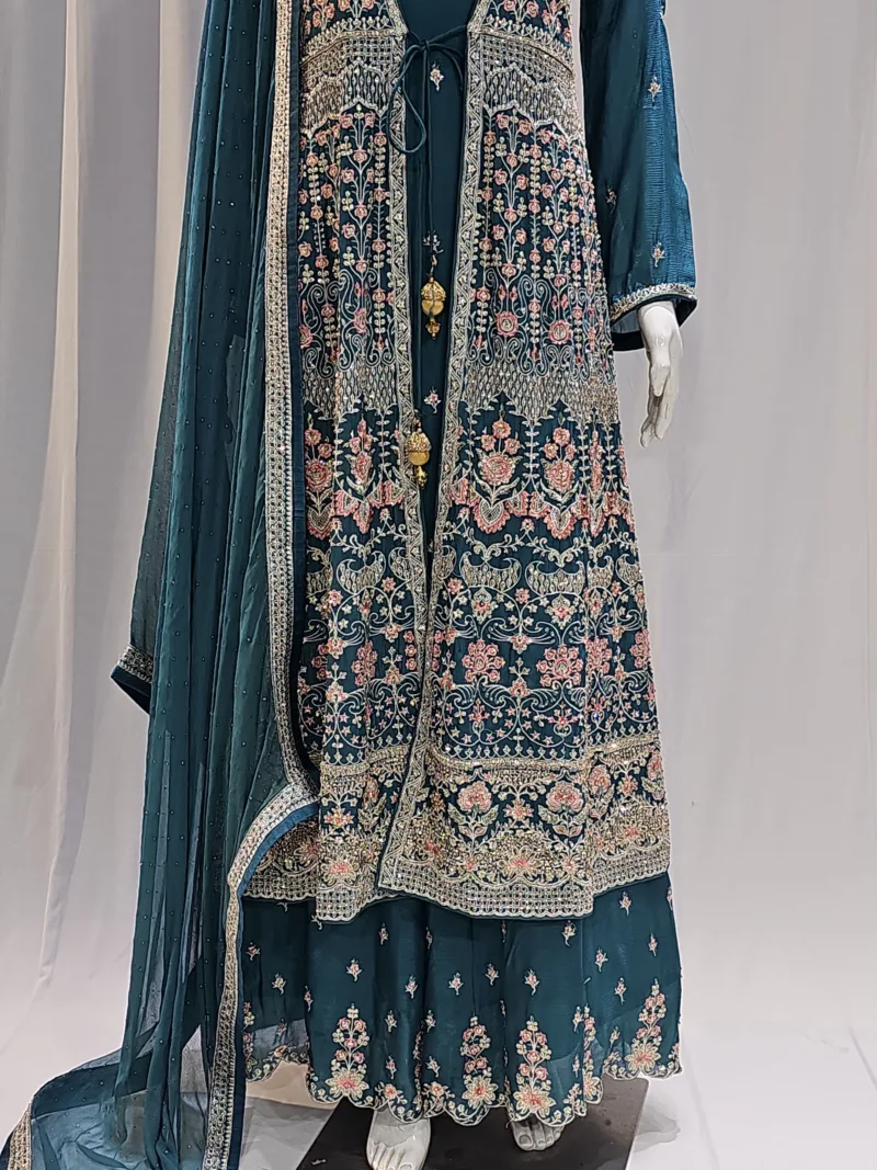 Teal Blue – Pure Chinon Chiffon Kashmiri Embroidered 3 Piece Jacket Palazzo Suit - Patel Brothers NX 6