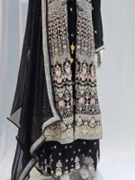 Classic Black – Pure Chinon Chiffon Kashmiri Embroidered 3 Piece Jacket Palazzo Suit 3701 B - Patel Brothers NX 10