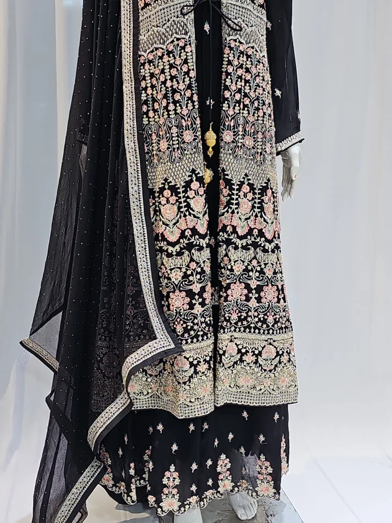 Classic Black – Pure Chinon Chiffon Kashmiri Embroidered 3 Piece Jacket Palazzo Suit 3701 B - Patel Brothers NX 6