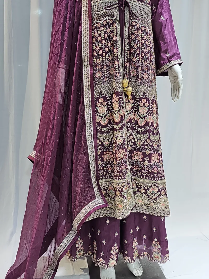 Royal Purple – Pure Chinon Chiffon Kashmiri Embroidered 3 Piece Jacket Palazzo Suit 3701 A - Patel Brothers NX 5