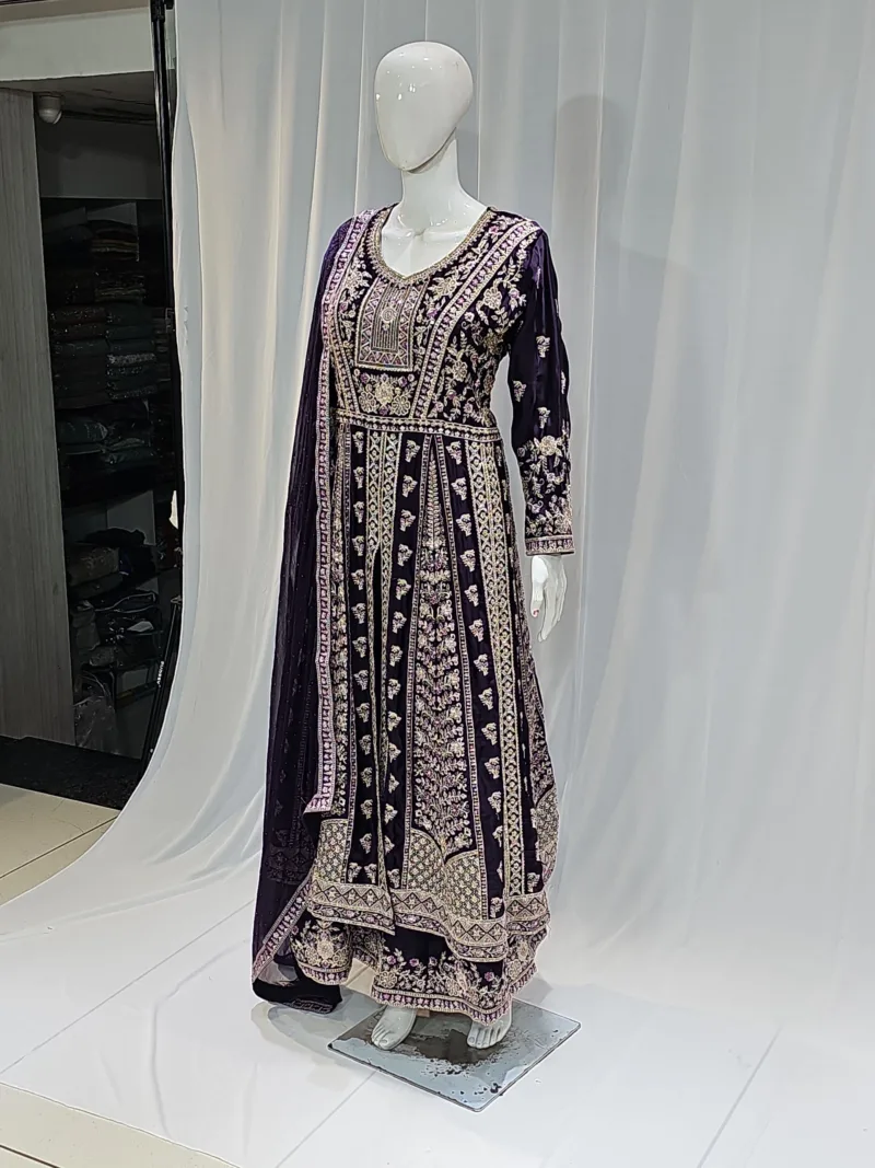 Royal Purple Satin Organza Zari Embroidered Palazzo Suit 3617 B - Patel Brothers NX 6