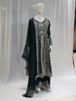 Emerald Green Satin Organza Zari Embroidered Palazzo Suit 3617 C - Patel Brothers NX 14