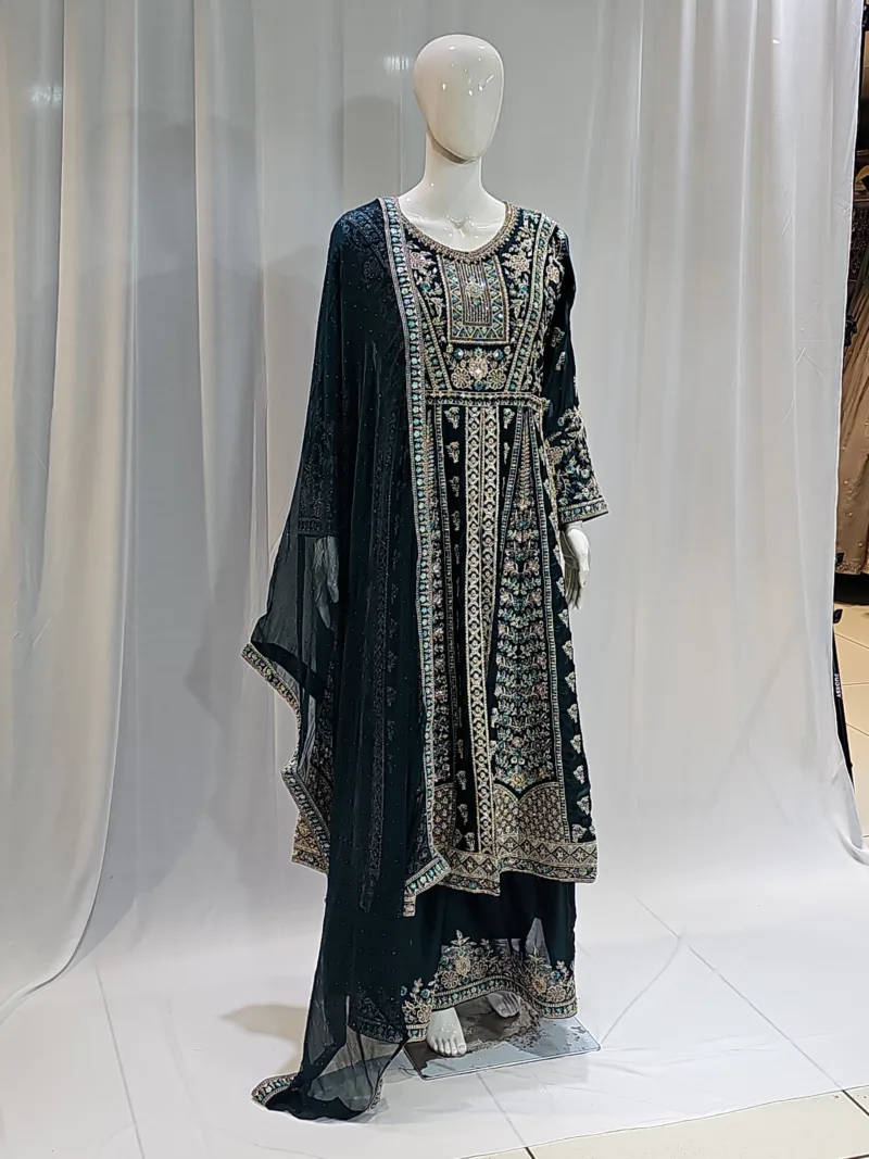 Emerald Green Satin Organza Zari Embroidered Palazzo Suit 3617 C - Patel Brothers NX 8