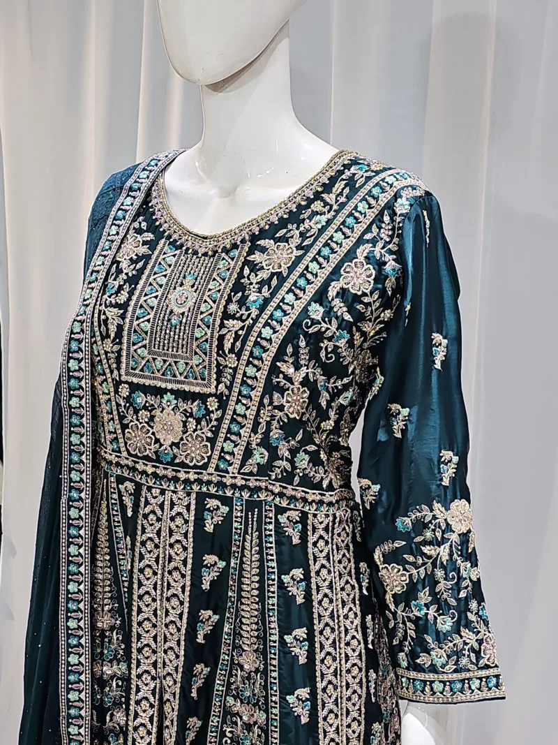 Emerald Green Satin Organza Zari Embroidered Palazzo Suit 3617 C - Patel Brothers NX 6