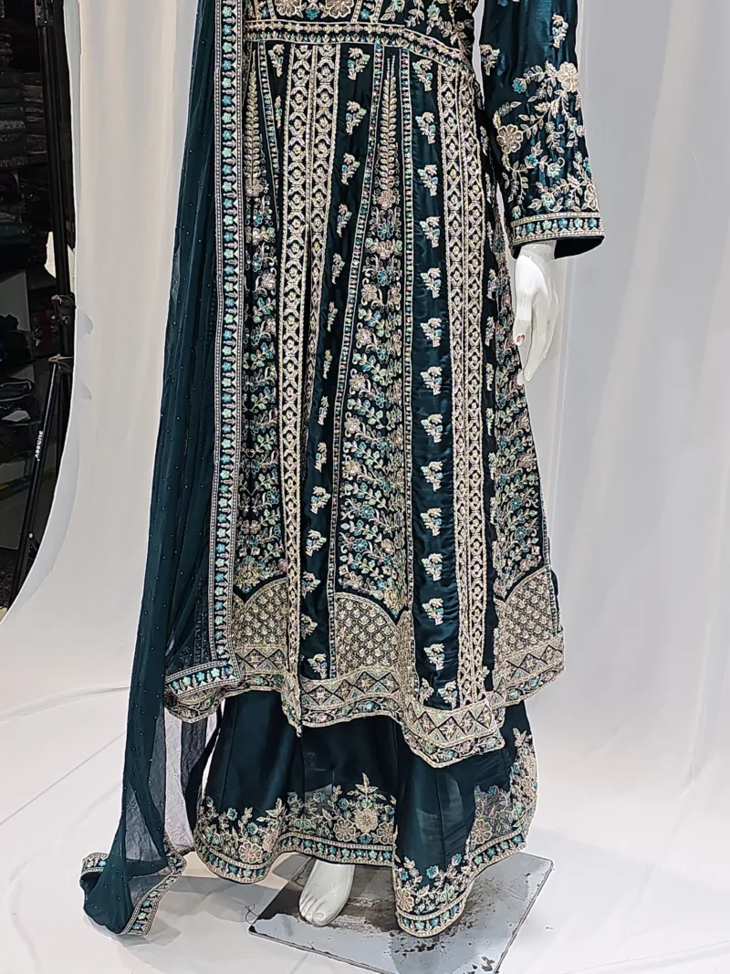 Emerald Green Satin Organza Zari Embroidered Palazzo Suit 3617 C - Patel Brothers NX 7