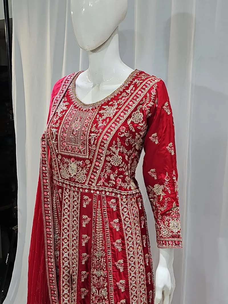 Crimson Red Satin Organza Zari Embroidered Palazzo Suit 3617 A - Patel Brothers NX 6
