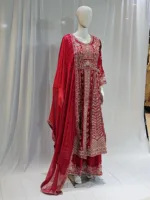 Crimson Red Satin Organza Zari Embroidered Palazzo Suit 3617 A - Patel Brothers NX 12