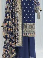 Navy Blue Elegant Embroidered Georgette Straight Pakistani Palazzo Suit 3514 - Patel Brothers NX 8