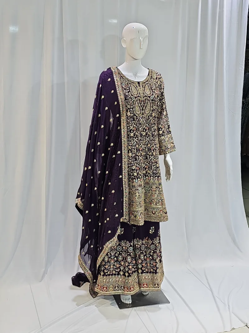 Wine Color – Georgette Kashmiri Embroidered Palazzo Suit 3700 C - Patel Brothers NX 5