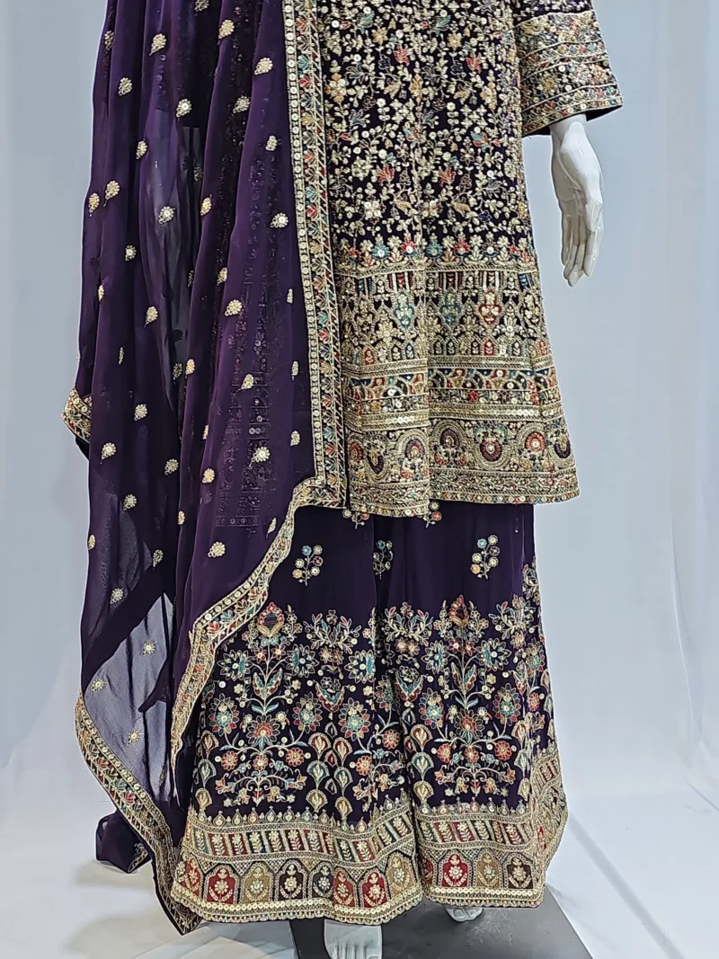 Wine Color – Georgette Kashmiri Embroidered Palazzo Suit 3700 C - Patel Brothers NX 7